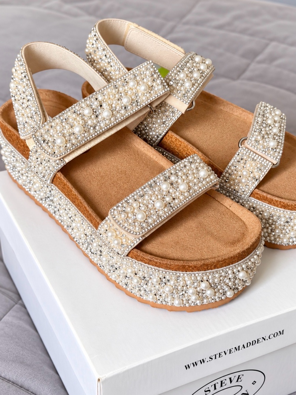 Steve Madden Pearl-Embellished Ivory Platform Sandals